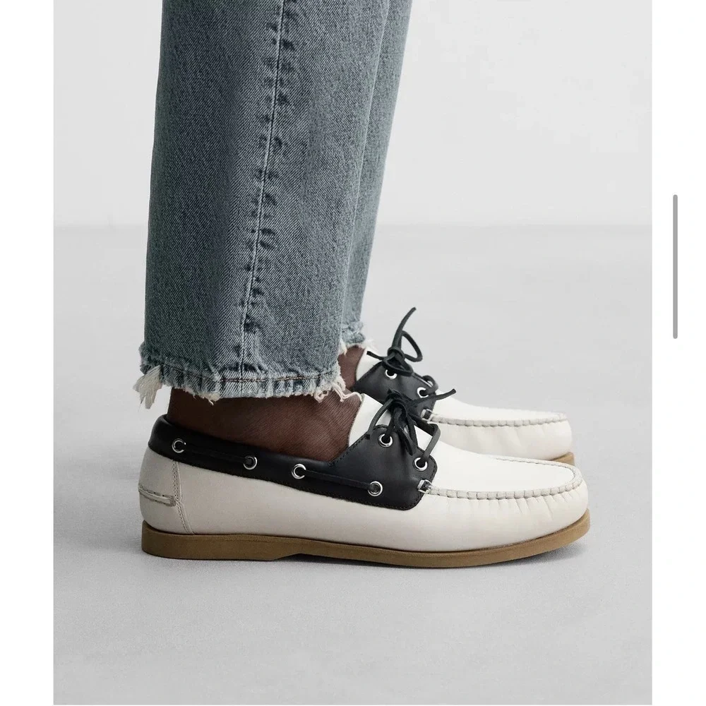 Zara Man Leather Deck Shoes Limited Edition White Navy US 11 EU 44 NWT Casual